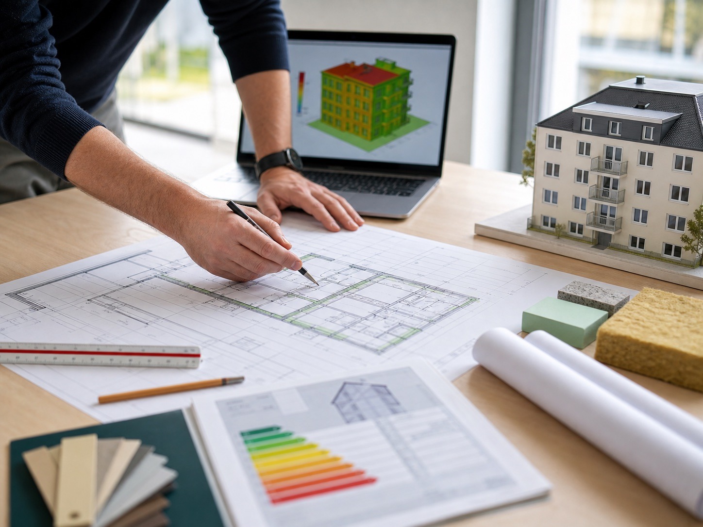Energetische Gebäudeanalyse mit Bauplänen und Dämmstoffen